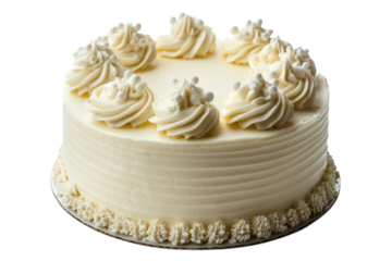 A delicious vanilla cake beautifully decorated with buttercream frosting perfect for celebrations isolated on transparent background. Generative Ai.