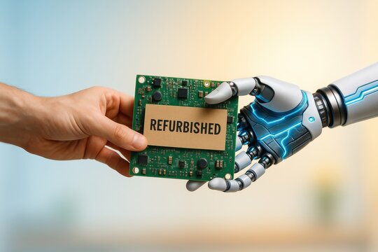 Refurbished circuit board exchanged between a human hand and a robotic hand in a demonstration of circular economy principles