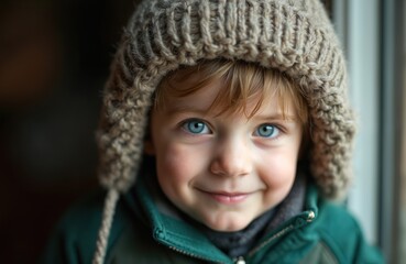 Portrait of adorable boy with blue eyes smiles, wearing warm winter hat. Young child enjoys cold weather. Happy kid in a cozy hat. Wintertime, childhood, and happiness in portrait.