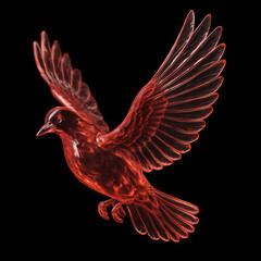 Obraz premium A stunning 3D rendered image of a red, translucent glass dove captured mid-flight against a stark black background.