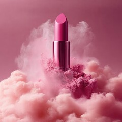 Elegant pink lipstick product photography on matching powder cloud in studio makeup artistry composition