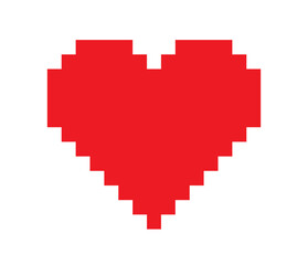 Red pixelated heart icon in 8-bit retro style. Minimalistic and nostalgic symbol of love, gaming, and digital art