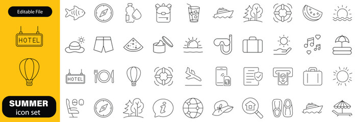 Summer set of web icons in line style. Summer vacation icons for web and mobile app. Travel, beach, tourism, summer holidays, hotel, relax, beach, luggage, passport, sunglasses. Vector illustration