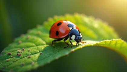Naklejka premium Ladybug sits green leaf. Macro insect, detailed, blurred background. Natural summer scene. Bright colors red, green, black. Beetle, dots, tiny bug on plant. Nature, wildlife, floral illustration.