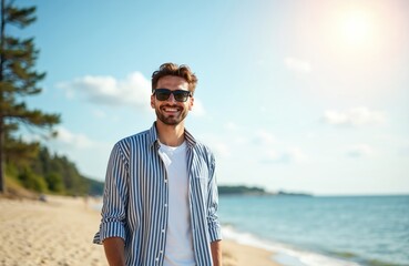 Young man in sunglasses smiles, posing on beach. Seaside summer vacation in Tallinn, Estonia. Male model wearing casual shirt. Leisure, lifestyle, travel concept.
