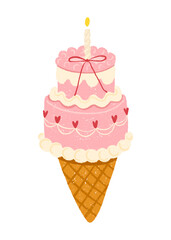 Flirty hand-drawn vector of pink birthday cake ice cream cone with heart details, bow and candle. Korean pastel bakery trendy style. Ideal for packaging, stickers, party goods and clipart