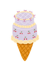 Flirty hand-drawn vector of cake ice cream cone with cherries, bows pastel frosting. Korean cute trend design, bakery aesthetic. Great for packaging, stickers, party design and confectionery goods