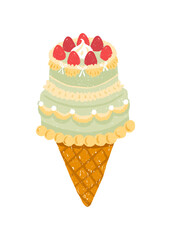 Trendy hand-drawn vector of vintage cake ice cream cone with strawberries, bows and pastel frosting. Korean-inspired bakery style. Perfect for packaging, stickers, clipart, party and gift designs