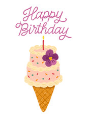 Greeting card with mini cake ice cream cone and hand-drawn Happy Birthday lettering. Korean bakery trend. Vector isolated design with pastel frosting, candle, flower and sprinkles.