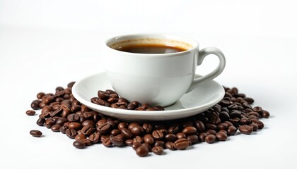 Fototapeta premium Cup of coffee rests on white plate surrounded by coffee beans against white background. Photo showcases hot drink, morning break, coffee shop concept. Ideal for cafe menu, coffee shop advertising.