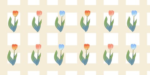 Tulip Grid Pattern on Beige Squares