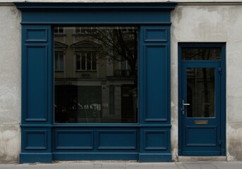 Fototapeta premium An elegant, dark blue traditional storefront with a highly reflective window and a single door