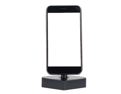 Smartphone on Black Stand Display, modern mobile phone clipping path, Isolated on Transparent Background
