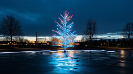 A Festive Night Scene of a Decorated Christmas Tree Glowing for Christmas