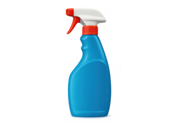 Blue and red plastic spray bottle isolated on transparent background, ideal for cleaning products and home care