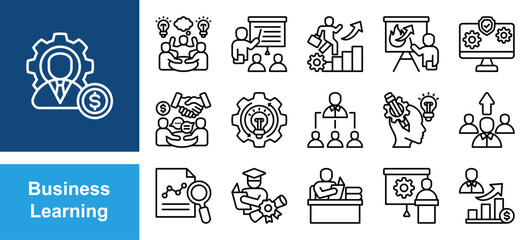 Business Learning icon set with Workshop, Course, Career, Presentation, Information System, Negotiation.