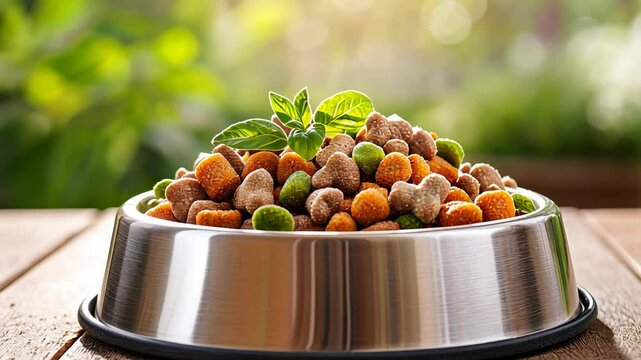 Healthy dog food in stainless steel bowl on wooden table with outdoor background.