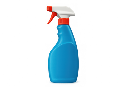 Blue and red plastic spray bottle isolated on transparent background, ideal for cleaning products and home care