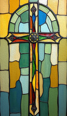 Cross . Colorful stained glass window. Multicolored interior design template. Oil painting