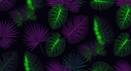 Vibrant neon tropical leaves in shades of purple and green glow against a dark background