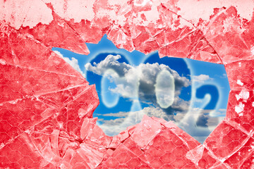 CO2 Carbon Dioxide concept image with text against a clody sky seen through a broken glass