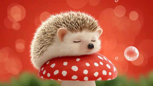 Adorable hedgehog peacefully resting on a red spotted mushroom surrounded by whimsical bubbles and a warm red background