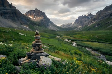 Serene mountain valley landscape with stone cairn
