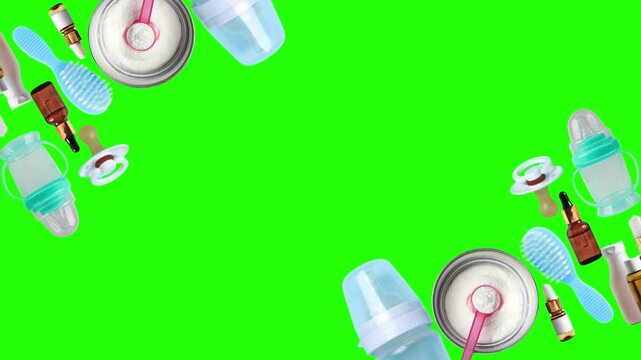 4K Video ofNurturing Essentials: A selection of essential baby care items arranged around a central open area, creating a supportive frame for content, symbolizing the nurturing aspect of infant care.