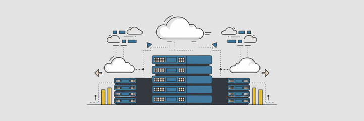 Minimalist cloud storage illustration with servers and arrows – Suitable for tech websites, software services, or data backup content.