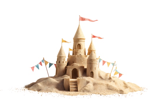 Creative sandcastle with flags PNG transparent background for summer illustrations and designs.