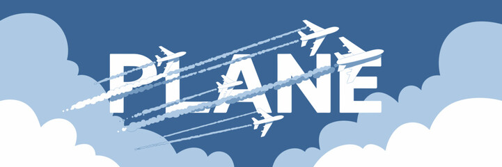 Vector illustration of plane text with airplanes contrails and clear sky with fluffy clouds – Ideal for aviation and airline marketing