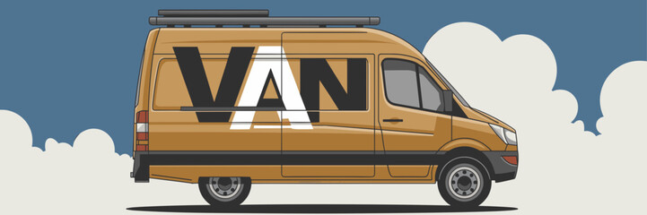 Illustration of a van with sliding doors rooftop racks and cloudy sky background – Perfect for delivery service ads, vehicle rental promotions, or travel content.