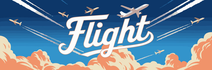bold flight text with airplanes clouds and contrails in blue sky – great for airline promotions, travel blogs, and aviation events