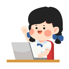 Illustration of Girl Waving at Laptop