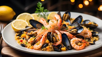 A delectable Spanish seafood paella with shrimp, mussels, lemon, and rice, beautifully plated and ready to be served in a fancy restaurant with warm lights