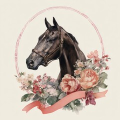 Elegant horse portrait adorned with colorful blossoms and a graceful ribbon on a soft background
