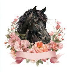 Black horse surrounded by blooming flowers with a blank ribbon for customizable text