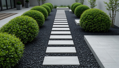 Modern grey stone path and gravel walkway in urban landscape