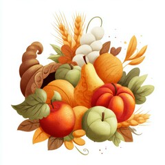 Colorful autumn harvest arrangement featuring various fruits and vegetables in a bountiful display