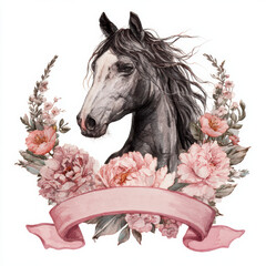 Elegant horse art featuring a gray stallion adorned with pink flowers and a decorative ribbon