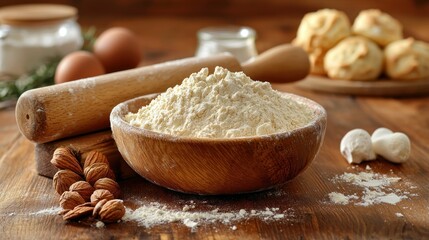 Fototapeta premium Wooden bowl filled with flour, surrounded by baking ingredients