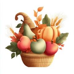 Harvest basket filled with autumn fruits and vegetables in vibrant colors