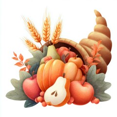 Autumn harvest arrangement showcasing pumpkins, apples, and cornucopia on a white background