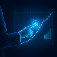 Touch-Based Zoom Control – Fingers perform a pinch-to-zoom gesture on a translucent financial dashboard — blue grid UI and charts stretch in real time.