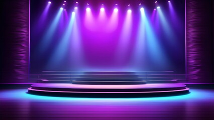 Empty modern stage with blue purple neon spotlight. Stage light background with spotlight illuminated. Modern dance production stage. AI generated image. Perfect for music shows parties.