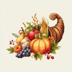 Cornucopia filled with fresh harvest fruits and vegetables celebrating autumn bounty and seasonal abundance
