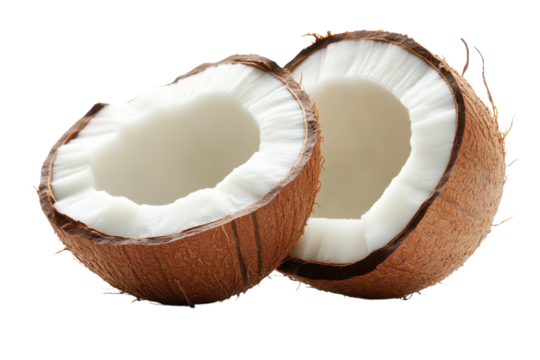 Freshly cut coconut halves revealing juicy white flesh a tropical delight against a stark black isolated on transparent background. Generative Ai.