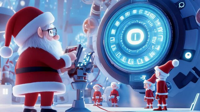 Santa's workshop with high-tech machines and helpers preparing for christmas.