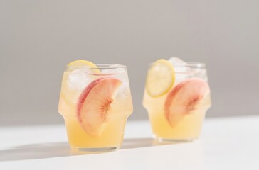 Two Glasses of Refreshing Peach Lemonade with Ice on White Background – Summer Drink Concept for Menu or Recipe Use