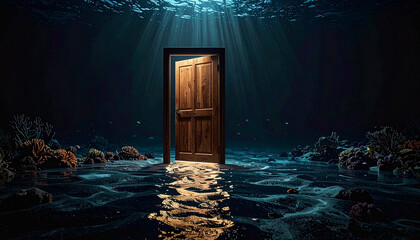 Doorway to the Abyss: A captivating scene features a weathered wooden door standing in a serene underwater environment, hinting at hidden mysteries beneath the surface.